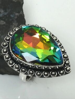Rainbow Mystic Topaz (Coated White Topaz) Teardrop Silver Ring Sz 7.75
